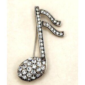 Silver Tone Music Note Brooch With Rhinestone Accents - 2"